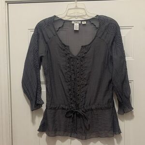 3/$15 Pinky Charcoal Gray Lace Accent Semi-Sheer Blouse Size Medium